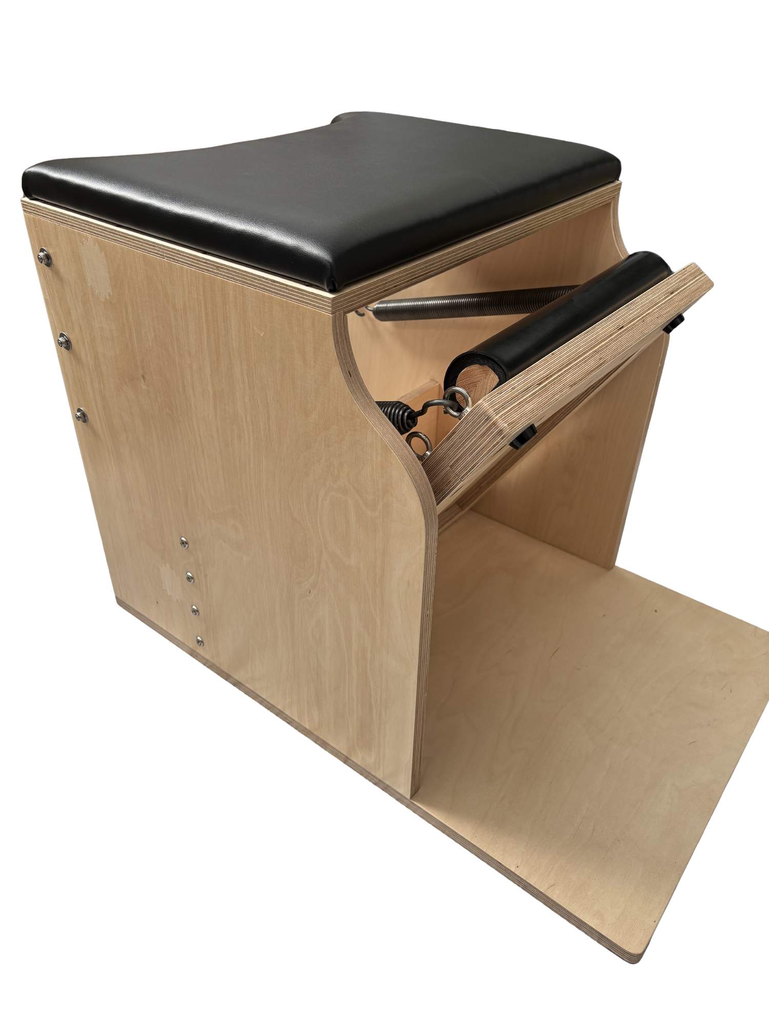 Focus Pilates Wunda Chair in black upholstery, classical Pilates low chair handmade in England