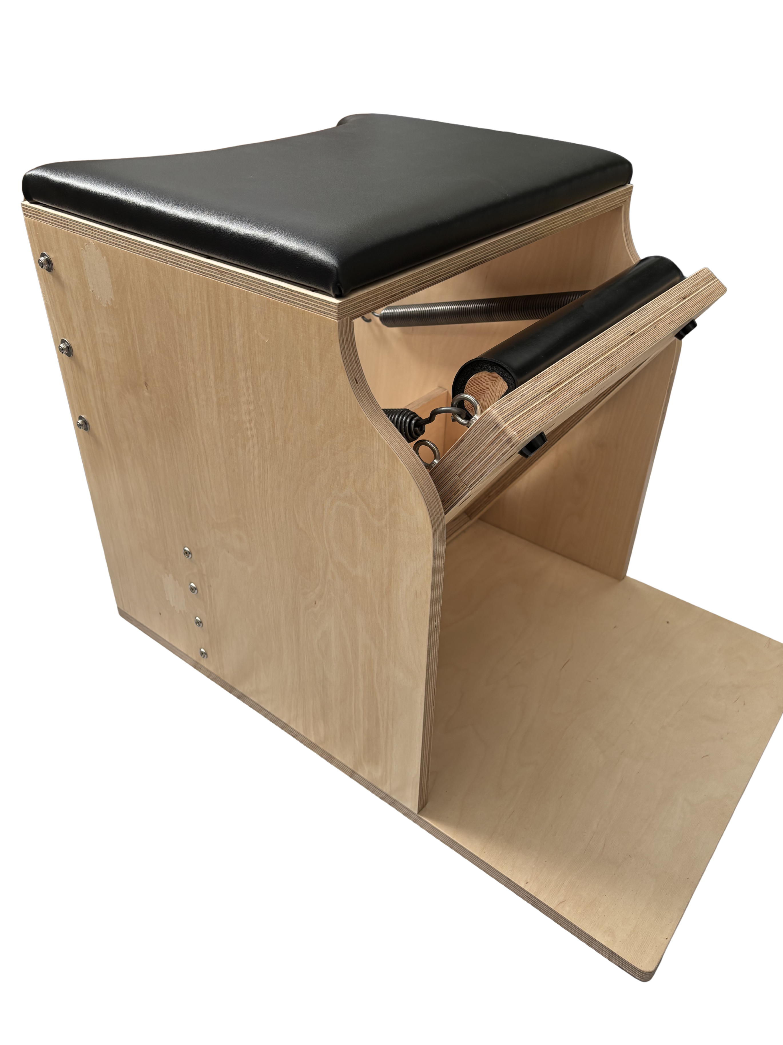 Focus Pilates Wunda Chair in black upholstery, classical Pilates low chair handmade in England