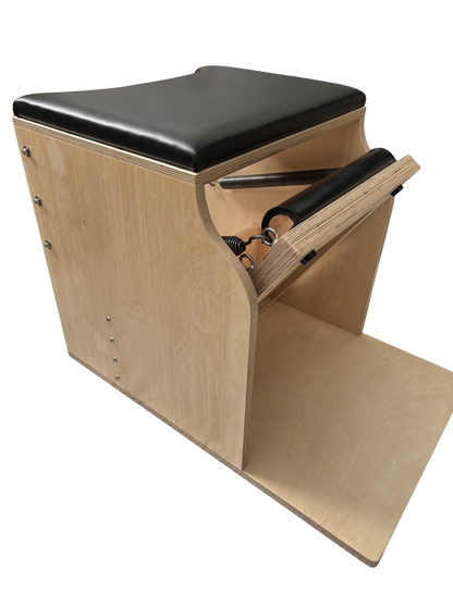 Focus Pilates Wunda Chair in black upholstery, classical Pilates low chair handmade in England